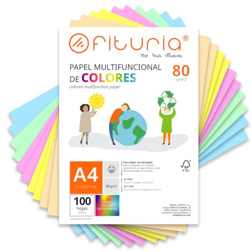 Farbpapier, Packung mit 100 Blatt A4, 80 g, buntes Papier für Bastelarbeiten, Drucker, Scrapbooking – Ideal Origami, Papyroflexia, Büro und Schule (Pastellsortiment, 100 h) von OFITURIA