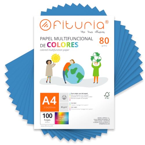 Farbpapier, Packung mit 100 Blatt A4, 80 g, buntes Papier für Bastelarbeiten, Drucker, Scrapbooking – Ideal Origami, Papyroflexia, Büro und Schule (blau, 100 h) von OFITURIA