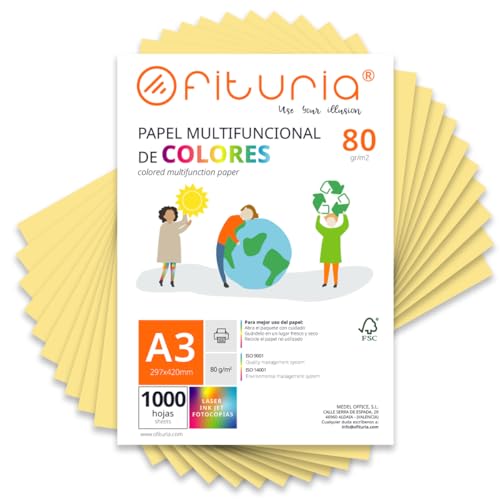 Farbpapier, Packung mit 1000 Blatt A3, 80 g, buntes Papier für Bastelarbeiten, Drucker, Scrapbooking – Ideal Origami, Papyroflexia, Büro und Schule (cremefarben, 1000 h) von OFITURIA