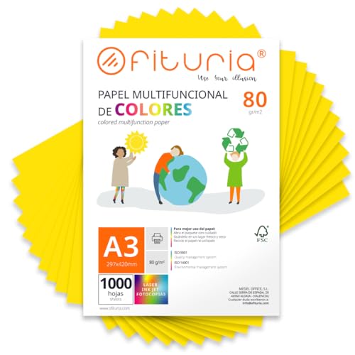 Farbpapier, Packung mit 1000 Blatt A3, 80 g, buntes Papier für Bastelarbeiten, Drucker, Scrapbooking – Ideal Origami, Papyroflexia, Büro und Schule (starkes Gelb, 1000 h) von OFITURIA