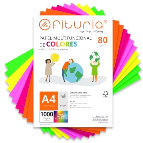 Farbpapier, Packung mit 1000 Blatt A4, 80 g, buntes Papier für Bastelarbeiten, Drucker, Scrapbooking – Ideal Origami, Papyroflexia, Büro und Schule (Fluor-Sortiment, 1000 h) von OFITURIA