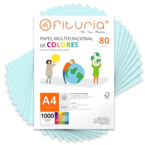 Farbpapier, Packung mit 1000 Blatt A4, 80 g, buntes Papier für Bastelarbeiten, Drucker, Scrapbooking – Ideal Origami, Papyroflexia, Büro und Schule (Hellblau, 1000 h) von OFITURIA