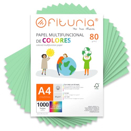 Farbpapier, Packung mit 1000 Blatt A4, 80 g, buntes Papier für Bastelarbeiten, Drucker, Scrapbooking – Ideal Origami, Papyroflexia, Büro und Schule (Hellgrün, 1000 h) von OFITURIA