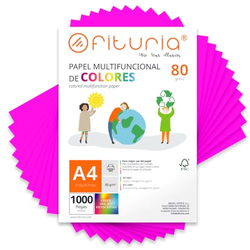 Farbpapier, Packung mit 1000 Blatt A4, 80 g, buntes Papier für Bastelarbeiten, Drucker, Scrapbooking – Ideal Origami, Papyroflexia, Büro und Schule (Neonrosa, 1000 h) von OFITURIA
