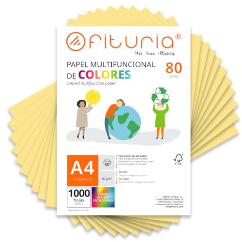 Farbpapier, Packung mit 1000 Blatt A4, 80 g, buntes Papier für Bastelarbeiten, Drucker, Scrapbooking – Ideal Origami, Papyroflexia, Büro und Schule (cremefarben, 1000 h) von OFITURIA