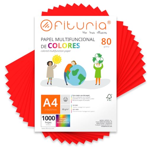 Farbpapier, Packung mit 1000 Blatt A4, 80 g, buntes Papier für Bastelarbeiten, Drucker, Scrapbooking – Ideal Origami, Papyroflexia, Büro und Schule (rot, 1000 h) von OFITURIA