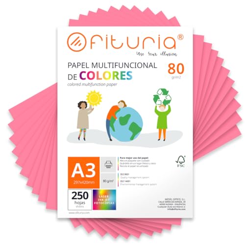 Farbpapier, Packung mit 250 Blatt A3, 80 g, buntes Papier für Bastelarbeiten, Drucker, Scrapbooking – Ideal Origami, Papyroflexia, Büro und Schule (Rosa, 250 h) von OFITURIA