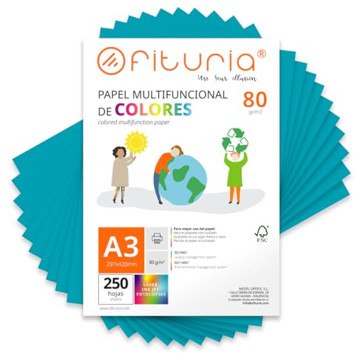 Farbpapier, Packung mit 250 Blatt A3, 80 g, buntes Papier für Bastelarbeiten, Drucker, Scrapbooking – Ideal Origami, Papyroflexia, Büro und Schule (Türkis, 250 h) von OFITURIA