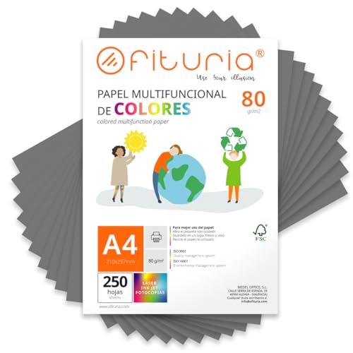 Farbpapier, Packung mit 250 Blatt A4, 80 g, buntes Papier für Bastelarbeiten, Drucker, Scrapbooking – Ideal Origami, Papyroflexia, Büro und Schule (Grau, 250 h) von OFITURIA