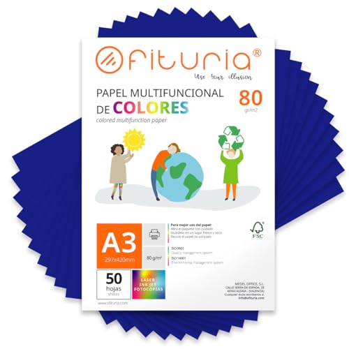 Farbpapier, Packung mit 50 Blatt A3, 80 g, buntes Papier für Bastelarbeiten, Drucker, Scrapbooking – Ideal Origami, Papyroflexia, Büro und Schule (Dunkelblau, 50 h) von OFITURIA