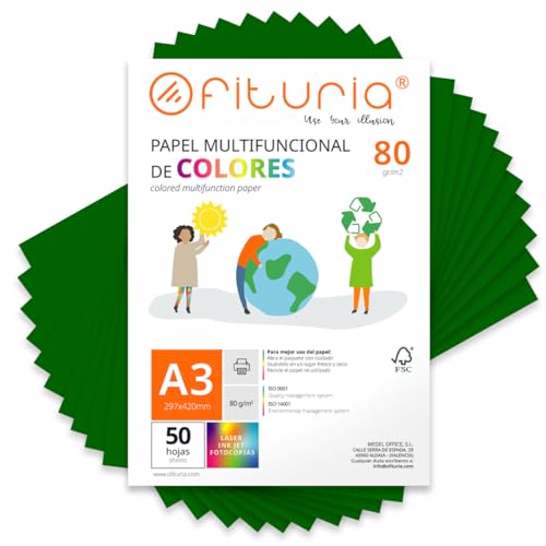 Farbpapier, Packung mit 50 Blatt A3, 80 g, buntes Papier für Bastelarbeiten, Drucker, Scrapbooking – Ideal Origami, Papyroflexia, Büro und Schule (Dunkelgrün, 50 h) von OFITURIA