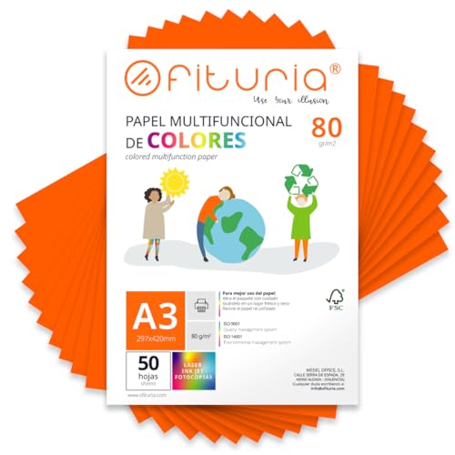 Farbpapier, Packung mit 50 Blatt A3, 80 g, buntes Papier für Bastelarbeiten, Drucker, Scrapbooking – Ideal Origami, Papyroflexia, Büro und Schule (Neonorange, 50h) von OFITURIA