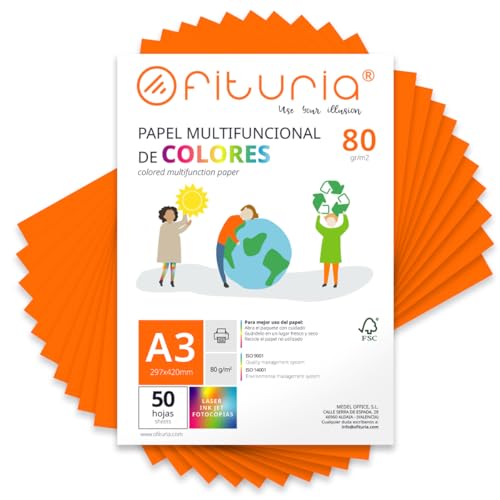 Farbpapier, Packung mit 50 Blatt A3, 80 g, buntes Papier für Bastelarbeiten, Drucker, Scrapbooking – Ideal Origami, Papyroflexia, Büro und Schule (Orange, 50 h) von OFITURIA