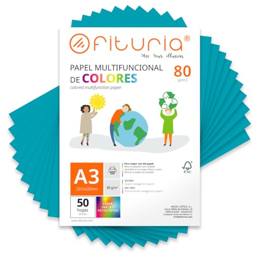 Farbpapier, Packung mit 50 Blatt A3, 80 g, buntes Papier für Bastelarbeiten, Drucker, Scrapbooking – Ideal Origami, Papyroflexia, Büro und Schule (Türkis, 50 h) von OFITURIA