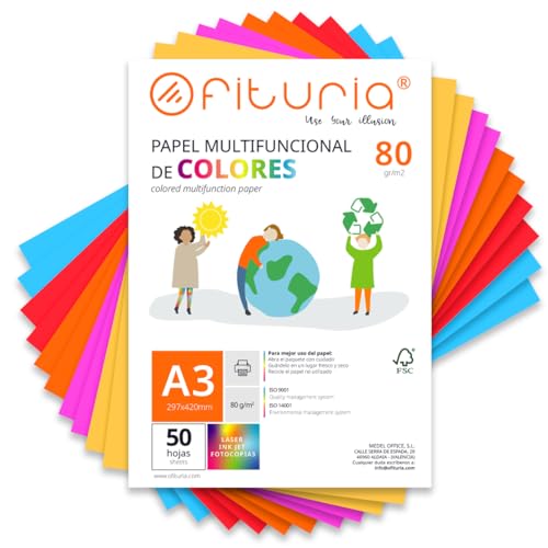 Farbpapier, Packung mit 50 Blatt A3, 80 g, buntes Papier für Bastelarbeiten, Drucker, Scrapbooking – Ideal Origami, Papyroflexia, Büro und Schule (starkes Sortiment, 50 h) von OFITURIA