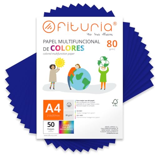 Farbpapier, Packung mit 50 Blatt A4, 80 g, buntes Papier für Bastelarbeiten, Drucker, Scrapbooking – Ideal Origami, Papyroflexia, Büro und Schule (Dunkelblau, 50h) von OFITURIA