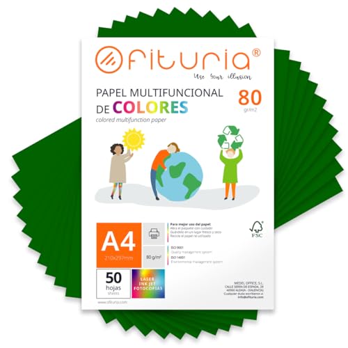 Farbpapier, Packung mit 50 Blatt A4, 80 g, buntes Papier für Bastelarbeiten, Drucker, Scrapbooking – Ideal Origami, Papyroflexia, Büro und Schule (Dunkelgrün, 50 h) von OFITURIA