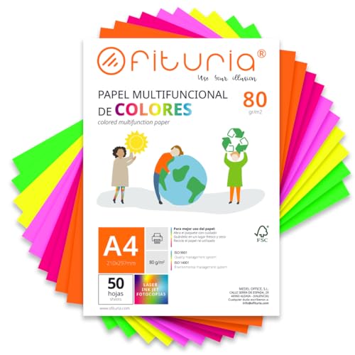 Farbpapier, Packung mit 50 Blatt A4, 80 g, buntes Papier für Bastelarbeiten, Drucker, Scrapbooking – Ideal Origami, Papyroflexia, Büro und Schule (Fluor-Sortiment, 50 h) von OFITURIA