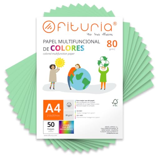 Farbpapier, Packung mit 50 Blatt A4, 80 g, buntes Papier für Bastelarbeiten, Drucker, Scrapbooking – Ideal Origami, Papyroflexia, Büro und Schule (Hellgrün, 50 h) von OFITURIA
