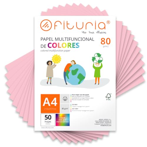 Farbpapier, Packung mit 50 Blatt A4, 80 g, buntes Papier für Bastelarbeiten, Drucker, Scrapbooking – Ideal Origami, Papyroflexia, Büro und Schule (Hellrosa, 50 h) von OFITURIA