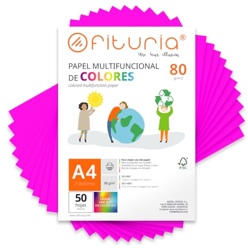 Farbpapier, Packung mit 50 Blatt A4, 80 g, buntes Papier für Bastelarbeiten, Drucker, Scrapbooking – Ideal Origami, Papyroflexia, Büro und Schule (Neonrosa, 50 h) von OFITURIA