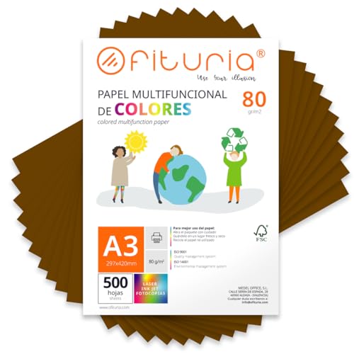 Farbpapier, Packung mit 500 Blatt A3, 80 g, buntes Papier für Bastelarbeiten, Drucker, Scrapbooking – Ideal Origami, Papyroflexia, Büro und Schule (Braun, 500 h) von OFITURIA
