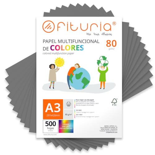 Farbpapier, Packung mit 500 Blatt A3, 80 g, buntes Papier für Bastelarbeiten, Drucker, Scrapbooking – Ideal Origami, Papyroflexia, Büro und Schule (Grau, 500 h) von OFITURIA