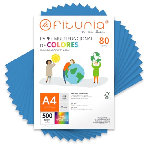 Farbpapier, Packung mit 500 Blatt A4, 80 g, buntes Papier für Bastelarbeiten, Drucker, Scrapbooking – Ideal Origami, Papyroflexia, Büro und Schule (Blau, 500 h) von OFITURIA