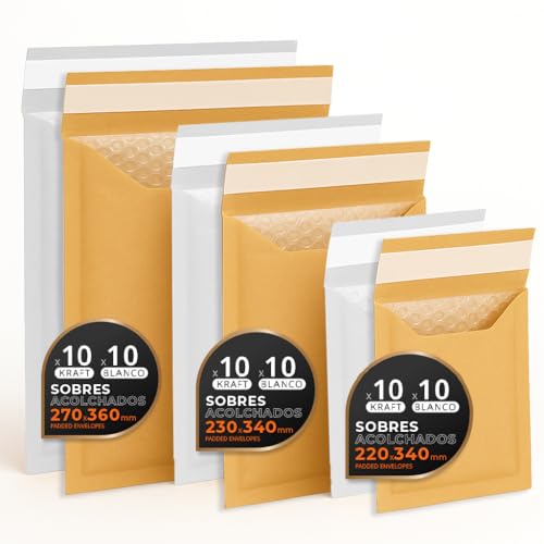 Luftpolstertaschen für Versand, 3 Größen – Kraft, Weiß oder Kombi – Selbstklebend – Papierumschläge mit Luftpolster, ideal für Versandtaschen - Pack L - Ofituria (Kraft und Weiß, 60 Umschläge) von OFITURIA