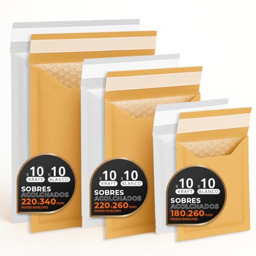 Luftpolstertaschen für Versand, 3 Größen – Kraft, Weiß oder Kombi – Selbstklebend – Papierumschläge mit Luftpolster, ideal für Versandtaschen - Pack M - Ofituria (Kraft und Weiß, 60 Umschläge) von OFITURIA