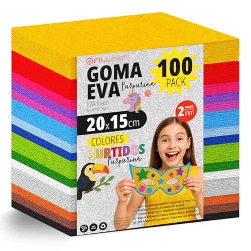 OFITURIA 100 Blatt Moosgummi Set, Bunte Farben, Format 20x15 cm – Ideal für Bastelprojekte, DIY, Schule, Kunst & Dekoration (Glitzer) von OFITURIA