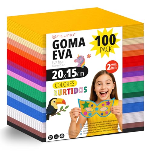 OFITURIA 100 Blatt Moosgummi Set, Bunte Farben, Format 20x15 cm – Ideal für Bastelprojekte, DIY, Schule, Kunst & Dekoration (Glitzer) von OFITURIA