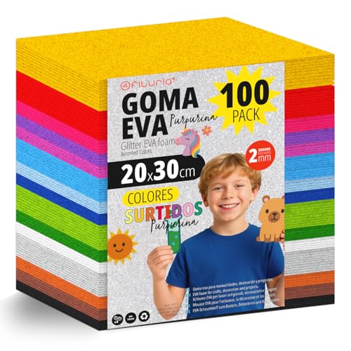 OFITURIA 100 Blatt Moosgummi Set, Bunte Farben, Format 20x30 cm – Ideal für Bastelprojekte, DIY, Schule, Kunst & Dekoration (Glitzer) von OFITURIA