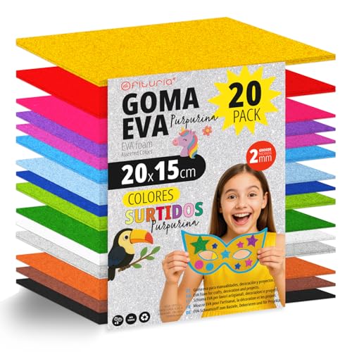 OFITURIA 20 Blatt Moosgummi Set, Bunte Farben, Format 20x15 cm – Ideal für Bastelprojekte, DIY, Schule, Kunst & Dekoration (Glitzer) von OFITURIA