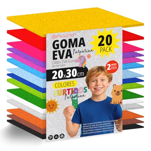 OFITURIA 20 Blatt Moosgummi Set, Bunte Farben, Format 20x30 cm – Ideal für Bastelprojekte, DIY, Schule, Kunst & Dekoration (Glitzer) von OFITURIA