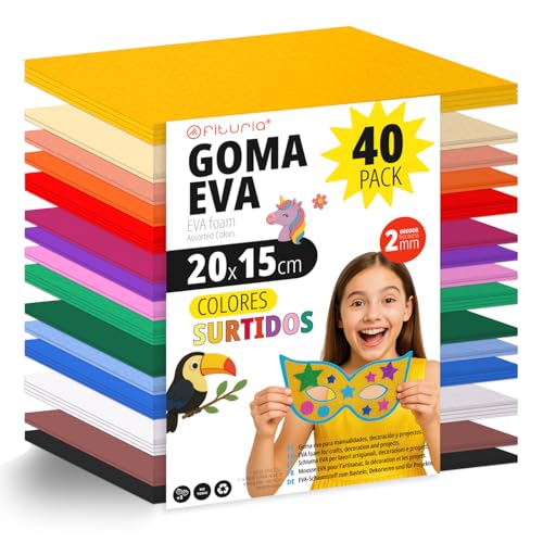 OFITURIA 40 Blatt Moosgummi Set, Bunte Farben, Format 20x15 cm – Ideal für Bastelprojekte, DIY, Schule, Kunst & Dekoration (Glitzer) von OFITURIA