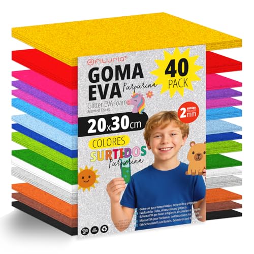 OFITURIA 40 Blatt Moosgummi Set, Bunte Farben, Format 20x30 cm – Ideal für Bastelprojekte, DIY, Schule, Kunst & Dekoration (Glitzer) von OFITURIA