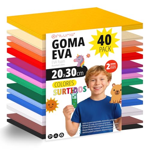 OFITURIA 40 Blatt Moosgummi Set, Bunte Farben, Format 20x30 cm – Ideal für Bastelprojekte, DIY, Schule, Kunst & Dekoration (Glitzer) von OFITURIA