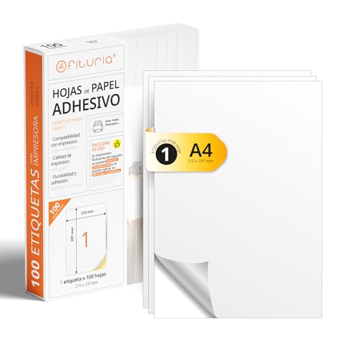 OFITURIA - Etiqueta Adhesiva Blanca (A4) Papel de Pegatina para Imprimir Pack 100 Folios con Papel Adhesivo Permanente y Fácil Despegue (100 Hojas, A4) von OFITURIA