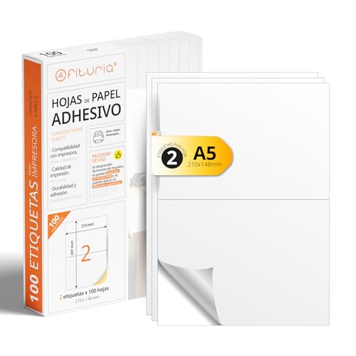 OFITURIA - Etiqueta Adhesiva Blanca (A4) Papel de Pegatina para Imprimir Pack 100 Folios con Papel Adhesivo Permanente y Fácil Despegue (100 Hojas, A5) von OFITURIA