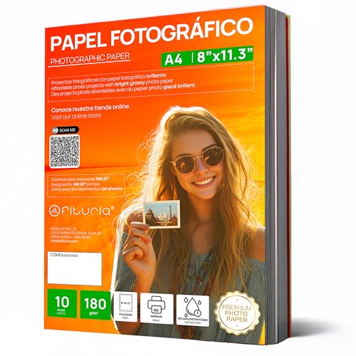 OFITURIA Fotopapier A4 Glänzend – Hohe Auflösung, Soforttrocknend, 180 g/m², Kompatibel mit Tintenstrahldruckern – 10 Blatt von OFITURIA