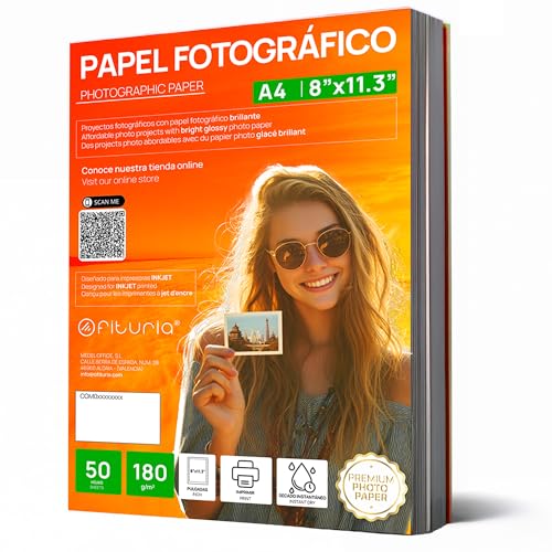 OFITURIA Fotopapier A4 Glänzend – Hohe Auflösung, Soforttrocknend, 180 g/m², Kompatibel mit Tintenstrahldruckern – 50 Blatt von OFITURIA