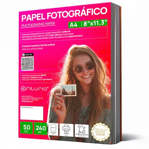 OFITURIA Fotopapier A4 Glänzend – Hohe Auflösung, Soforttrocknend, 240 g/m², Kompatibel mit Tintenstrahldruckern – 50 Blatt von OFITURIA