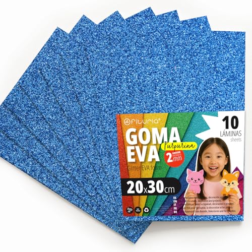 OFITURIA Glitzer-Moosgummi für Bastelarbeiten, Bunter Schaumstoff mit Glitzer für DIY, kreative Projekte, Kunst und Schule 20x30cm (Blau, 10 Stk) von OFITURIA