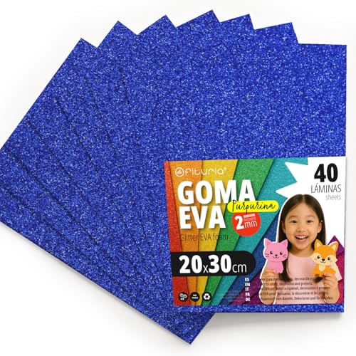 OFITURIA Glitzer-Moosgummi für Bastelarbeiten, Bunter Schaumstoff mit Glitzer für DIY, kreative Projekte, Kunst und Schule 20x30cm (Dunkelblau, 40 Stk) von OFITURIA