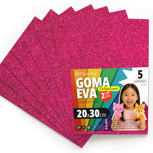 OFITURIA Glitzer-Moosgummi für Bastelarbeiten, Bunter Schaumstoff mit Glitzer für DIY, kreative Projekte, Kunst und Schule 20x30cm (Fuchsie, 5 Stk) von OFITURIA