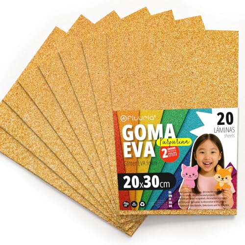OFITURIA Glitzer-Moosgummi für Bastelarbeiten, Bunter Schaumstoff mit Glitzer für DIY, kreative Projekte, Kunst und Schule 20x30cm (Gold, 20 Stk) von OFITURIA