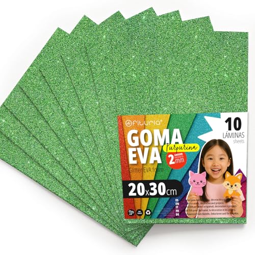 OFITURIA Glitzer-Moosgummi für Bastelarbeiten, Bunter Schaumstoff mit Glitzer für DIY, kreative Projekte, Kunst und Schule 20x30cm (Grün, 10 Stk) von OFITURIA