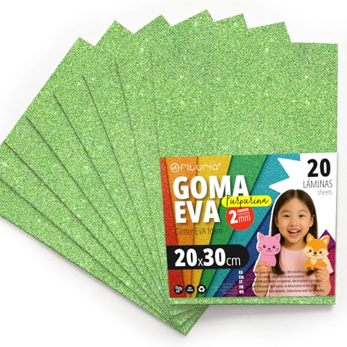 OFITURIA Glitzer-Moosgummi für Bastelarbeiten, Bunter Schaumstoff mit Glitzer für DIY, kreative Projekte, Kunst und Schule 20x30cm (Hellgrün, 20 Stk) von OFITURIA