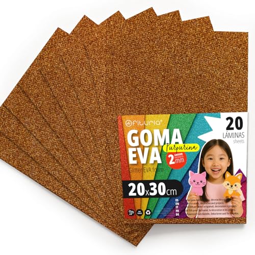 OFITURIA Glitzer-Moosgummi für Bastelarbeiten, Bunter Schaumstoff mit Glitzer für DIY, kreative Projekte, Kunst und Schule 20x30cm (Kupfer, 20 Stk) von OFITURIA